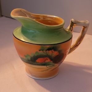 Creamer Jap789 Green Band w/Orange Center Landscape, House & Swan VGC